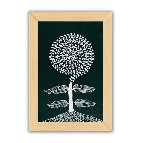 white tree design on a dark green background with handmade warli painting tree