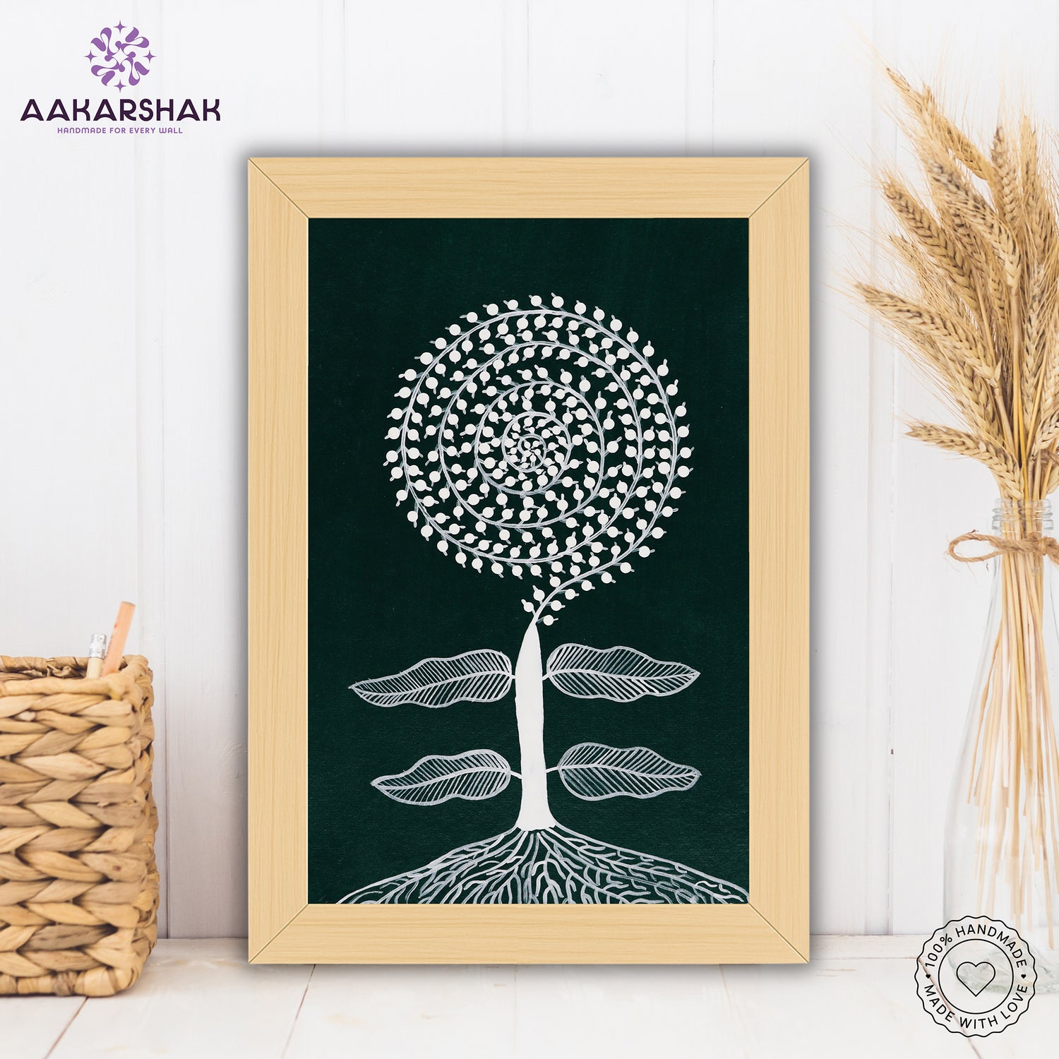 Framed artwork of a white tree design on a dark green background-handmade warli tree painting-with tabletop stand for home decor