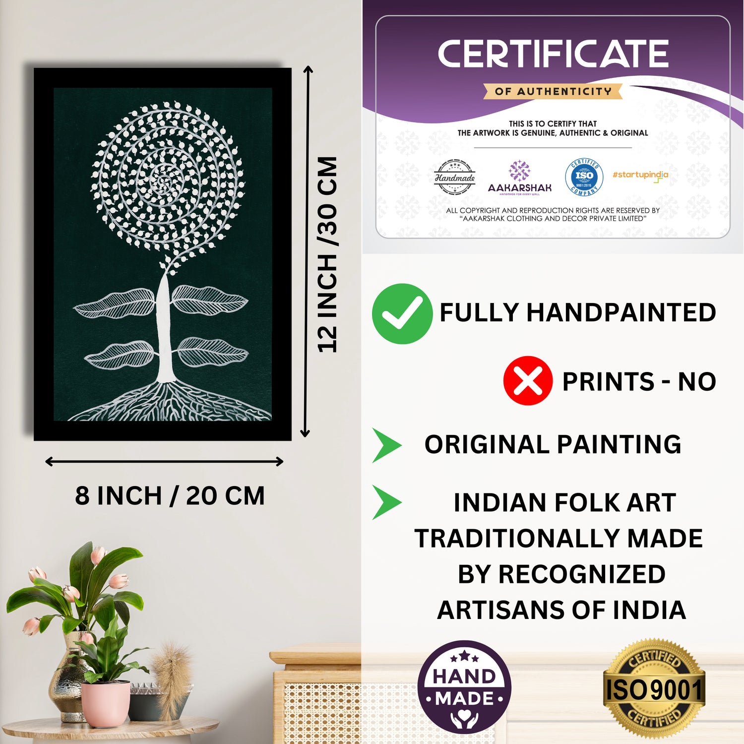 Framed artwork with dimensions, authenticity certificate and handmade iso certified-tree warli painting