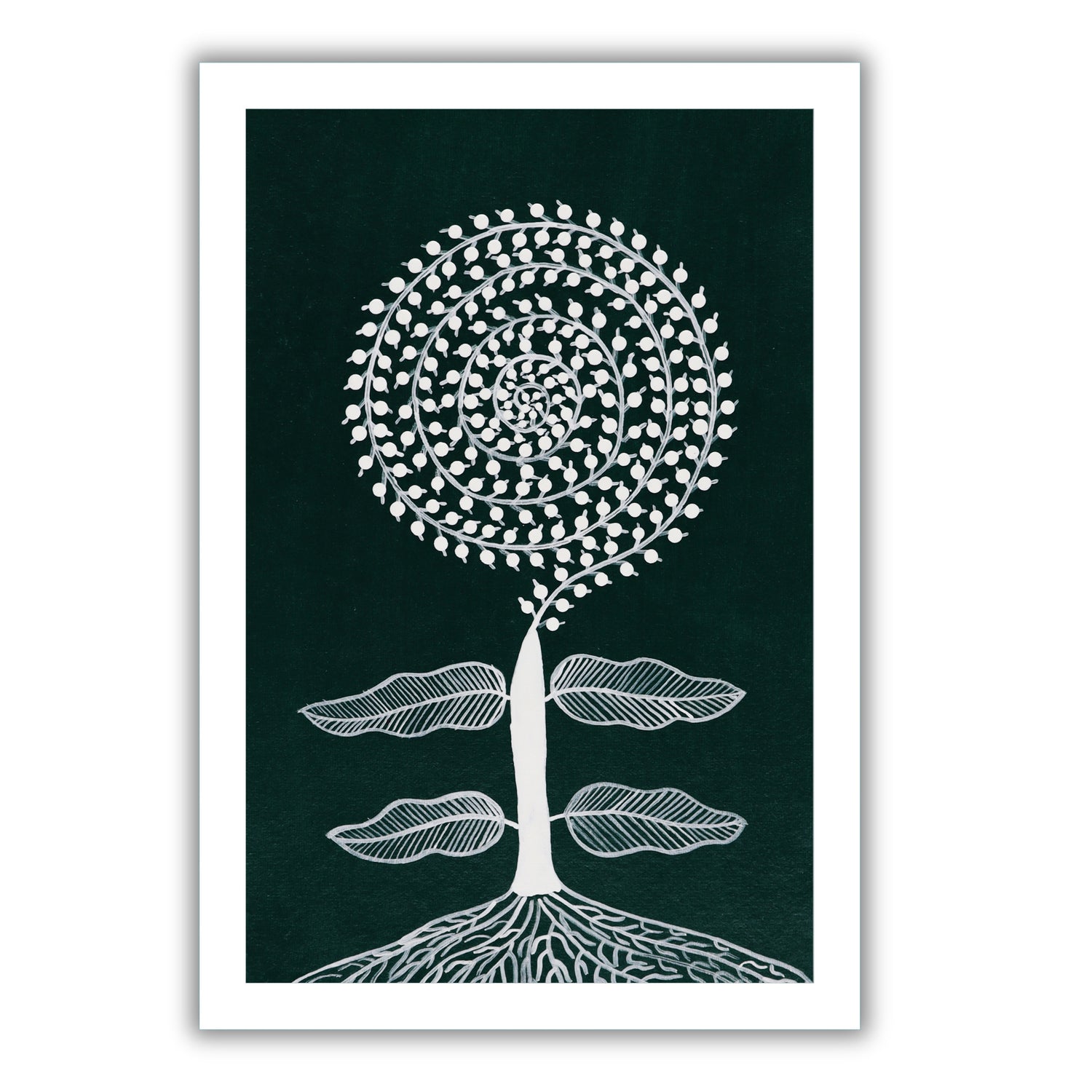 white tree design on a dark green background with handmade warli painting tree