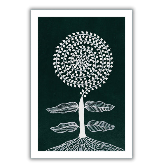 white tree design on a dark green background with handmade warli painting tree