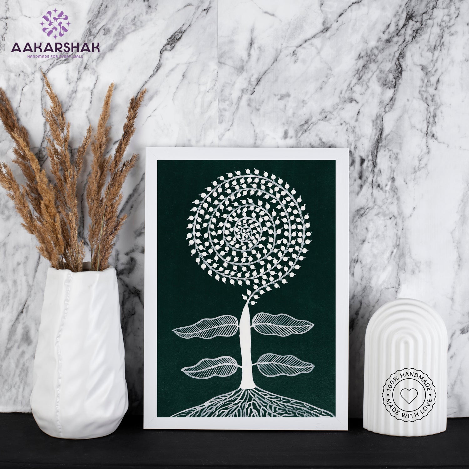 Framed artwork of a white tree design on a dark green background-handmade warli tree painting-with tabletop stand for home decor