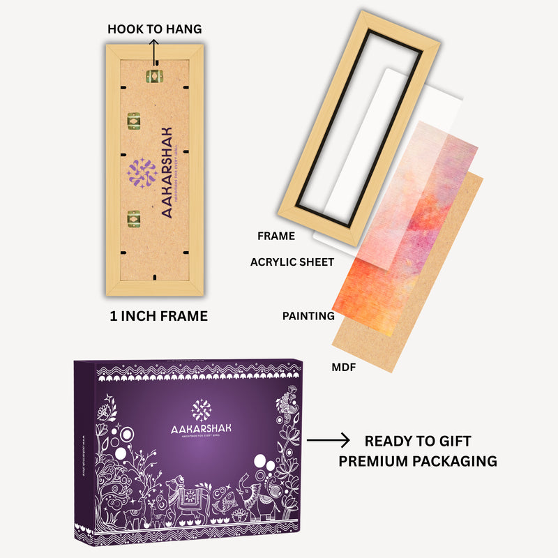Diagram of aakarshak product components including frame, acrylic sheet, painting, packaging-framed warli painting-perfect for gifting