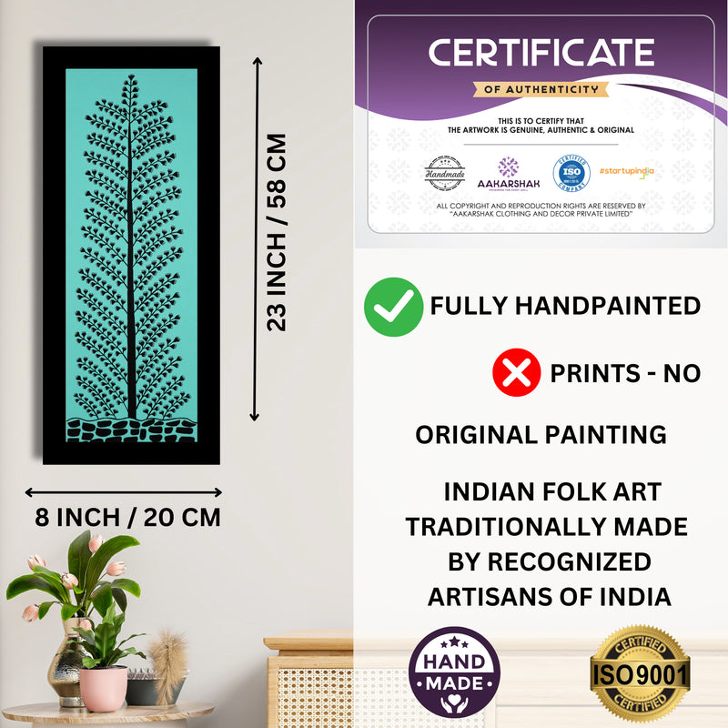 Handmade Warli Tree of life Painting 8x23 Inch Framed Tribal Art