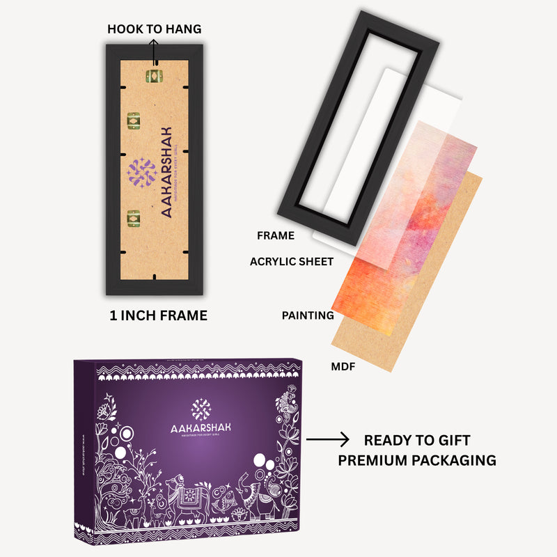 Diagram of aakarshak product components including frame, acrylic sheet, painting, packaging-framed warli painting-perfect for gifting
