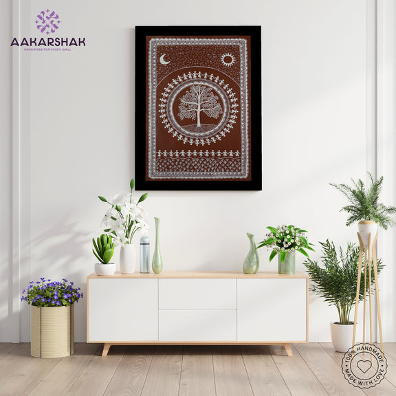 Framed artwork with tree of life  design -handmade warli painting for home decor