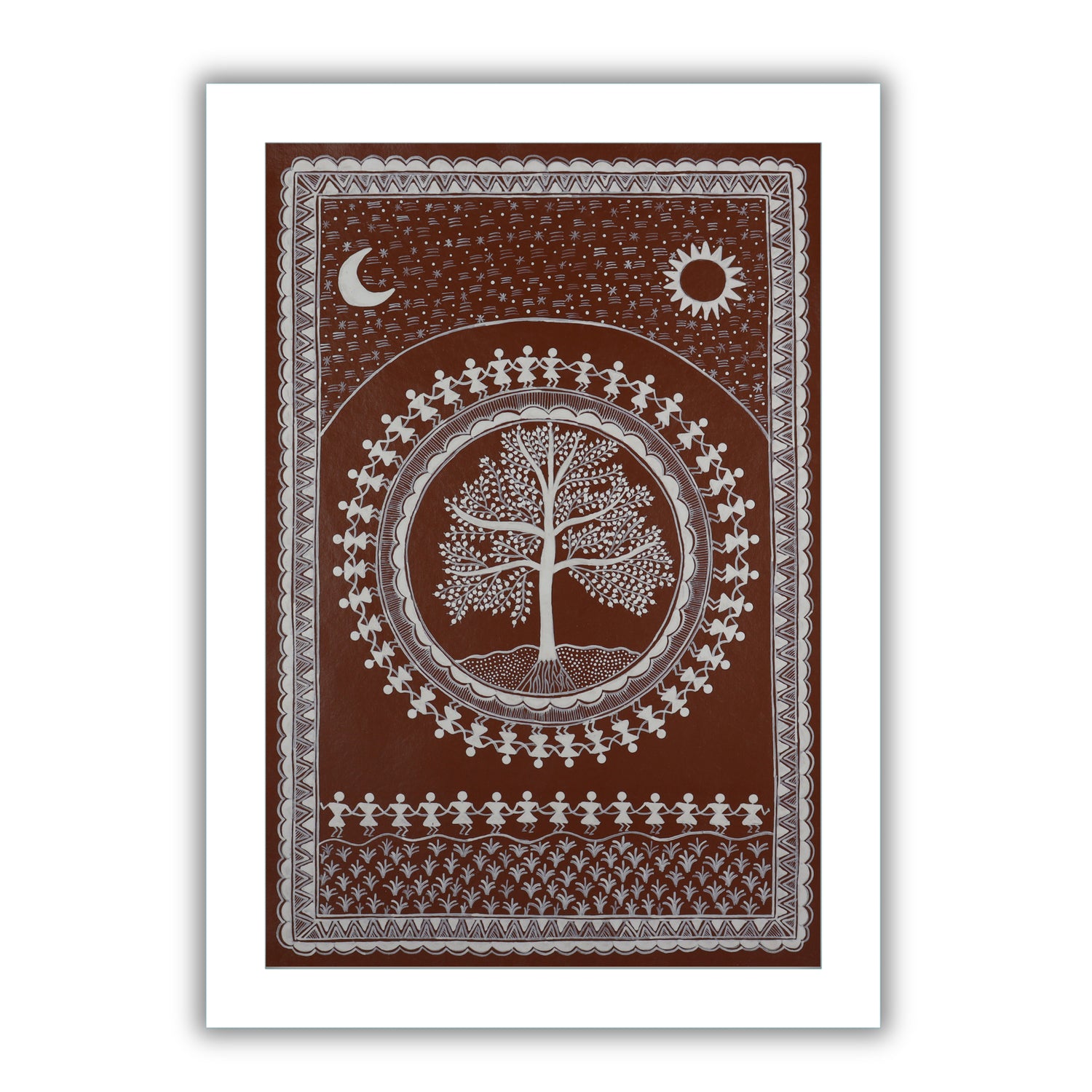 Framed artwork of a white tree design-with handmade warli painting 