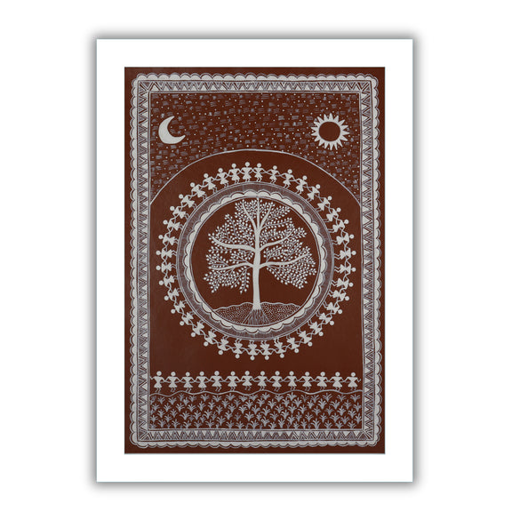 Framed artwork of a white tree design-with handmade warli painting 