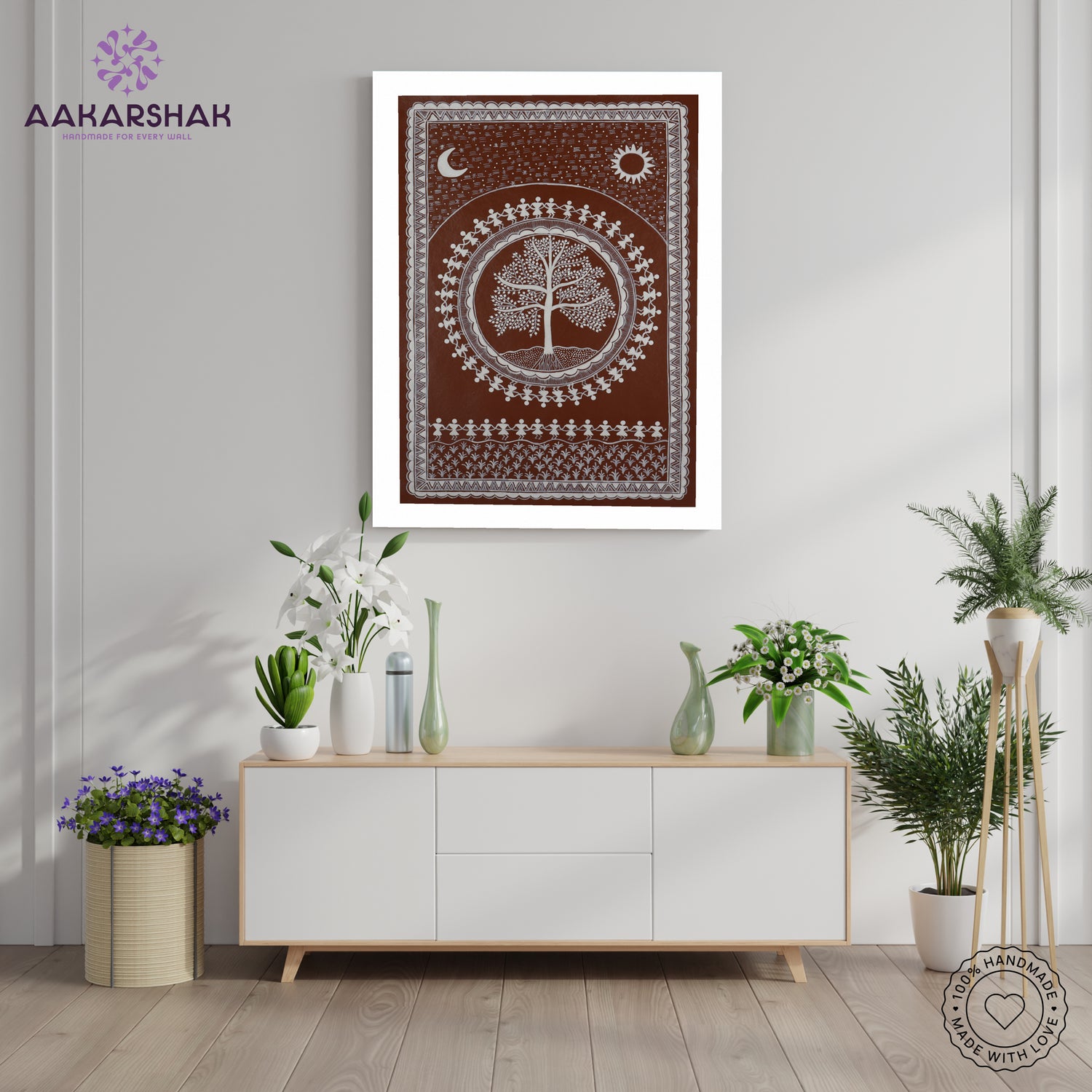 Framed artwork with tree of life design -handmade warli painting for home decor