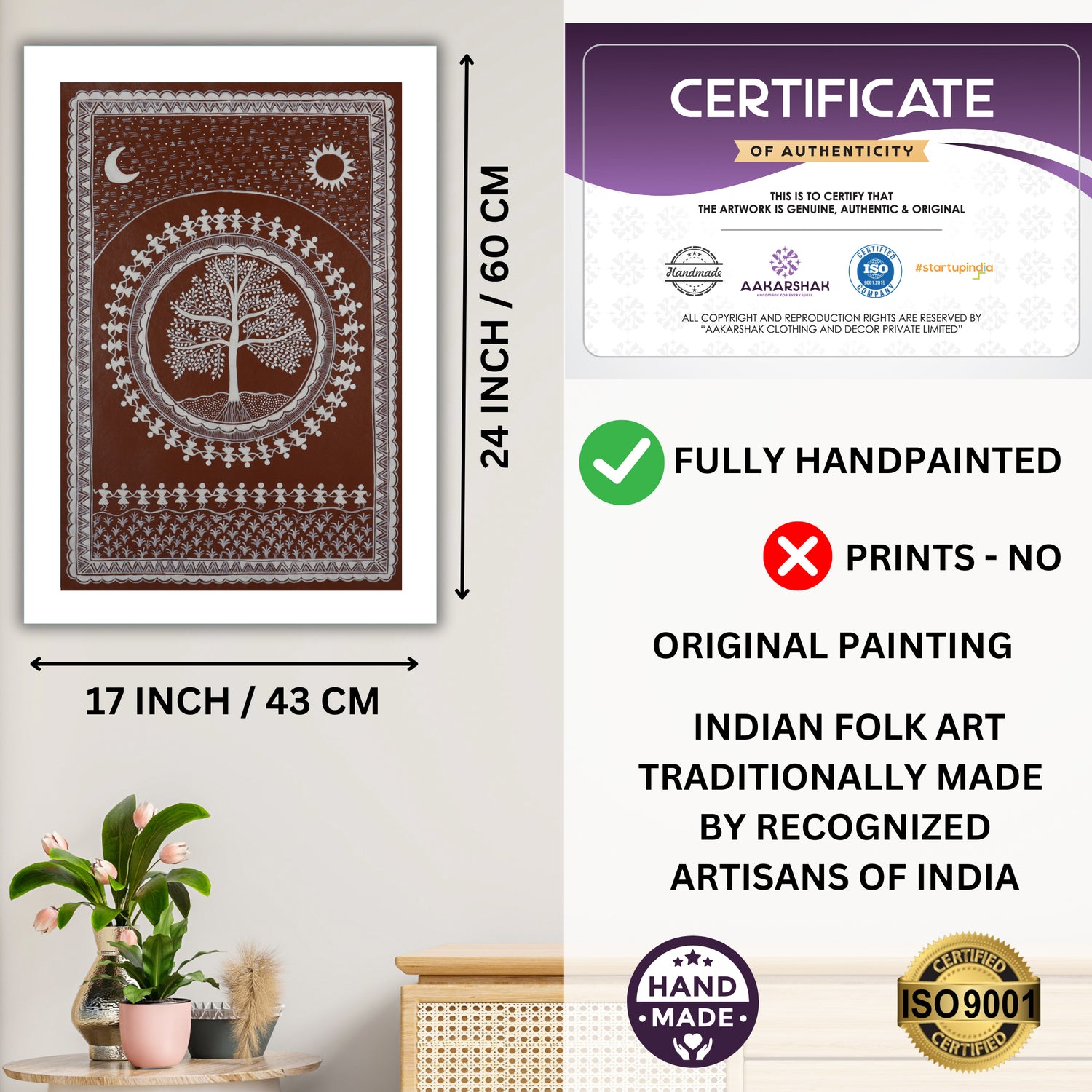 Framed artwork with dimensions, authenticity certificate and handmade iso certified-tree of life warli painting