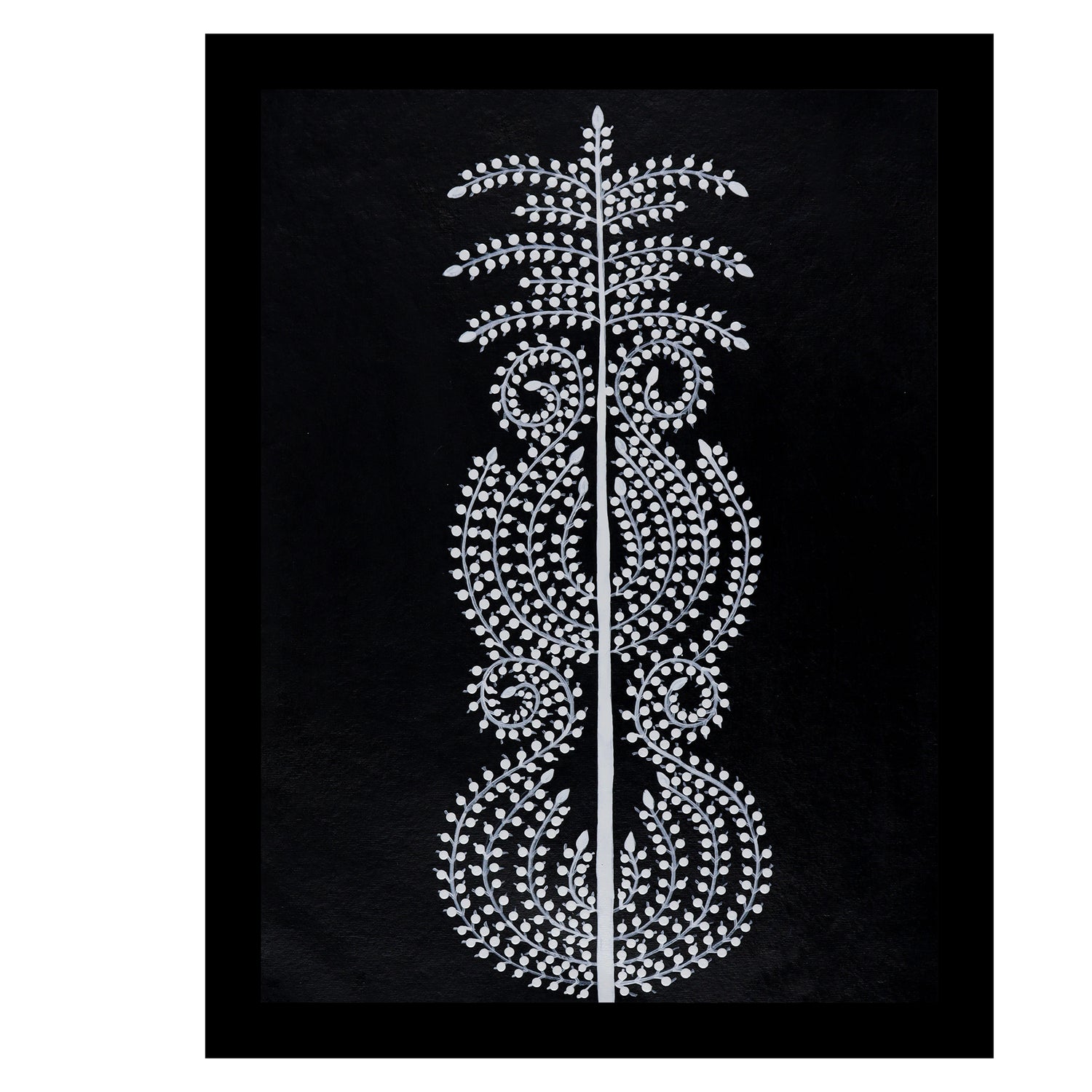 white tree of life design on a black background with handmade warli painting 
