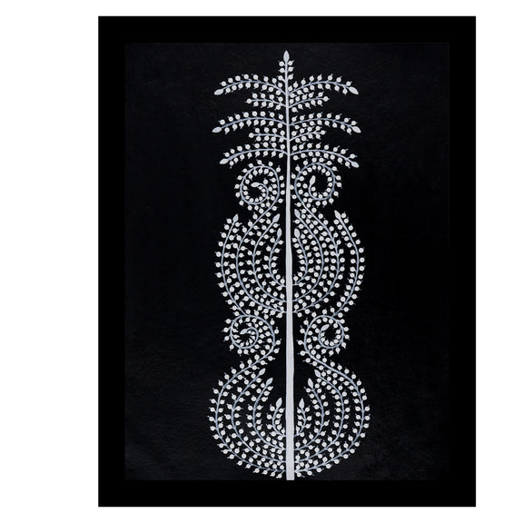 white tree of life design on a black background with handmade warli painting 
