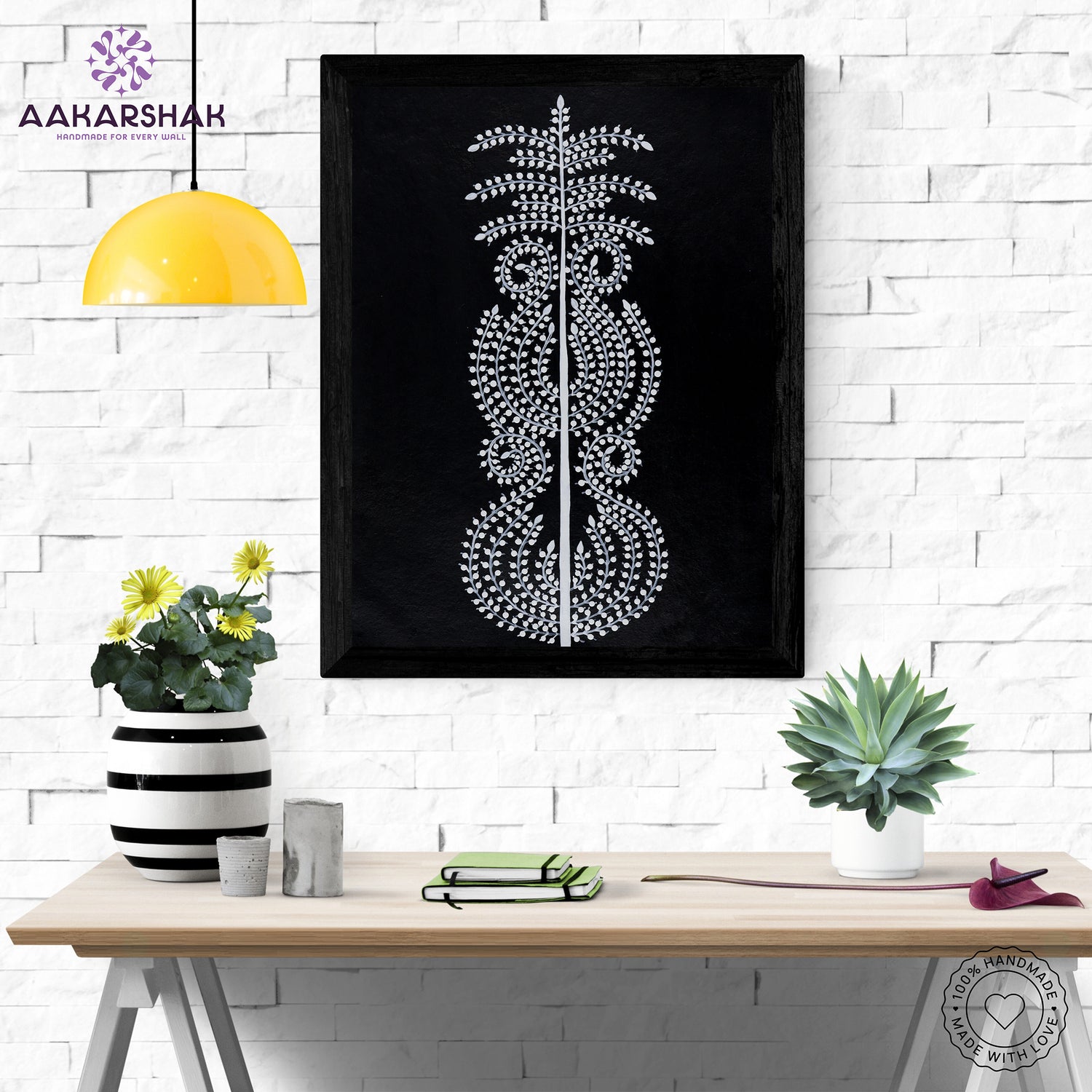 Framed artwork with white tree of life design on a black background-handmade warli painting for home decor