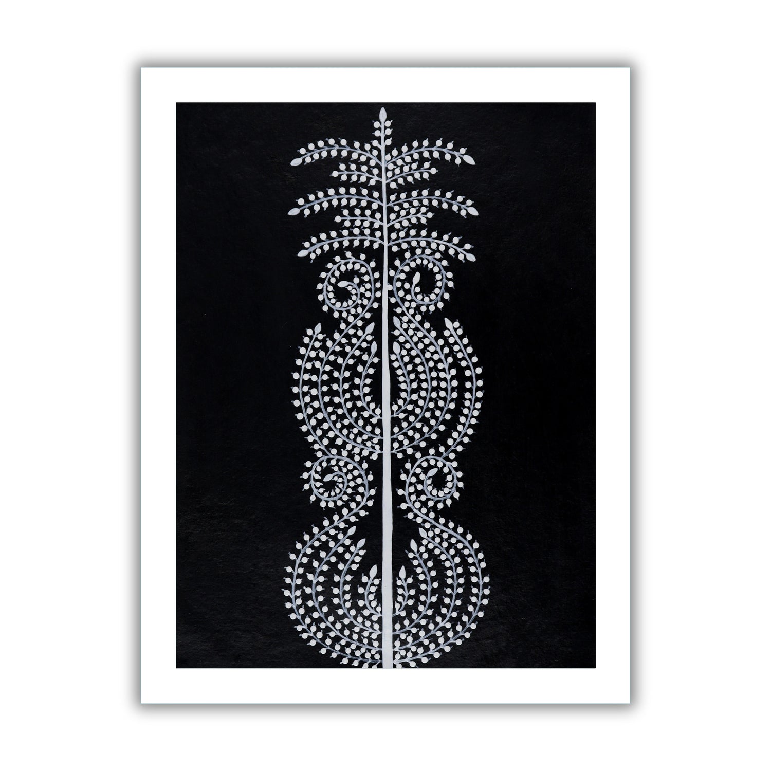 white tree of life design on a black background with handmade warli painting 