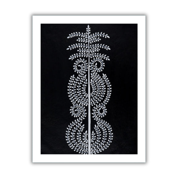 white tree of life design on a black background with handmade warli painting 
