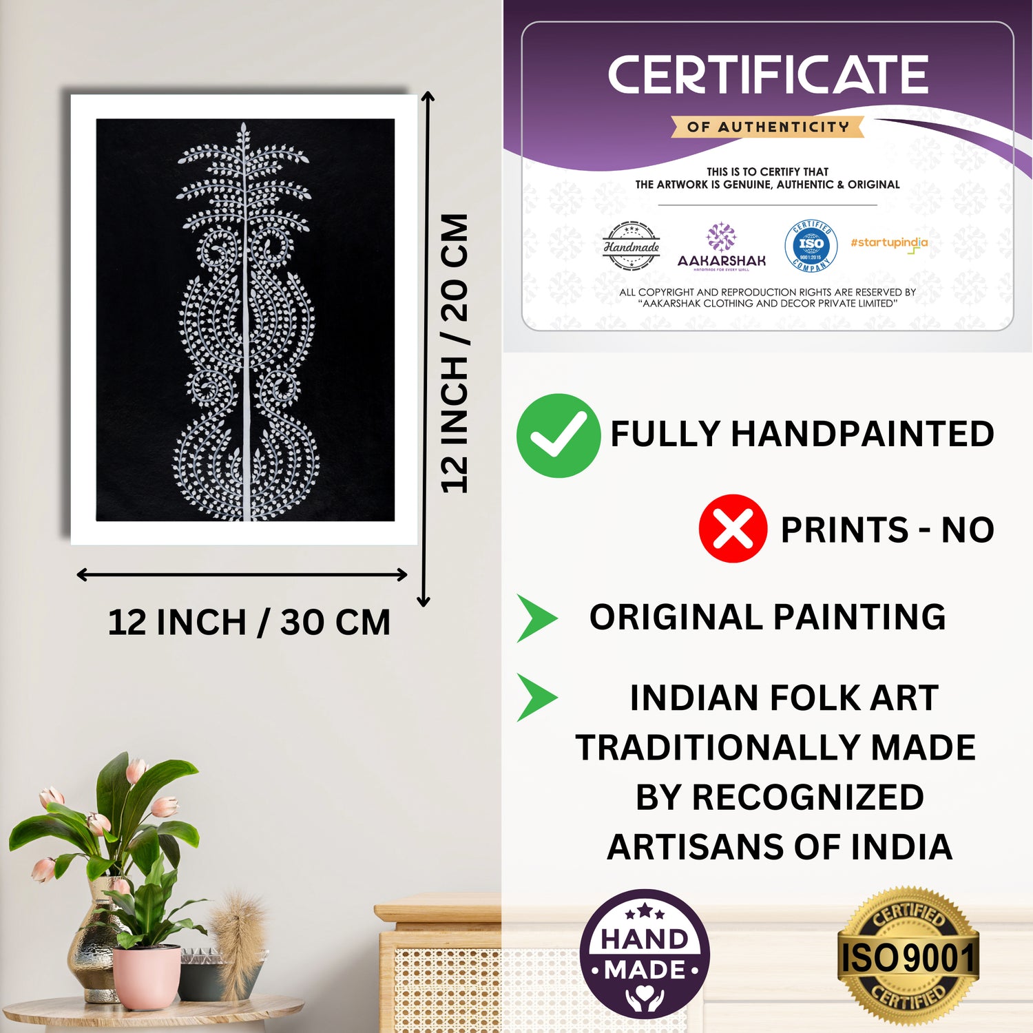 Framed artwork with dimensions, authenticity certificate and handmade iso certified-tree of life warli painting
