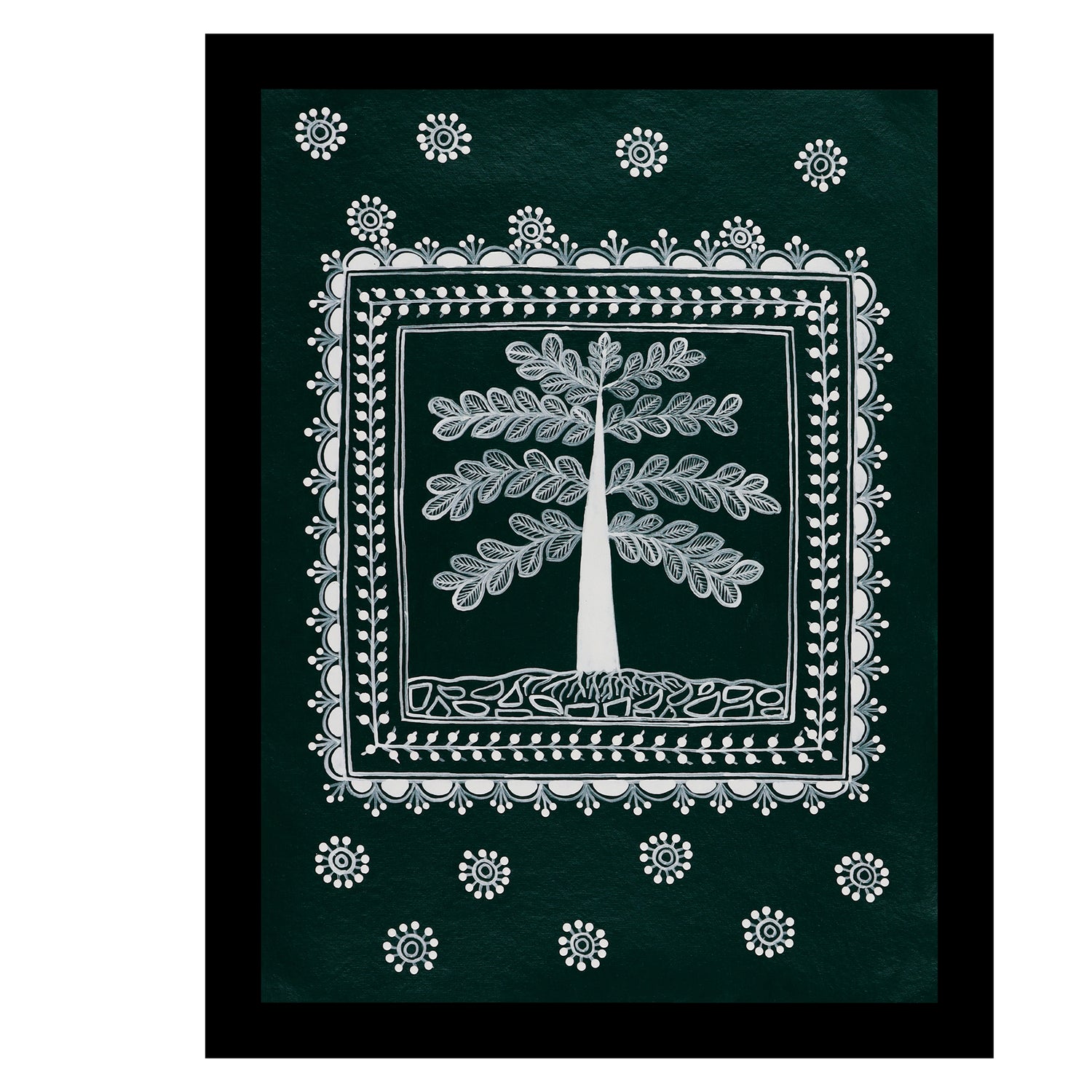 white tree of life design on a green background with handmade warli painting 
