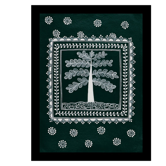 white tree of life design on a green background with handmade warli painting 
