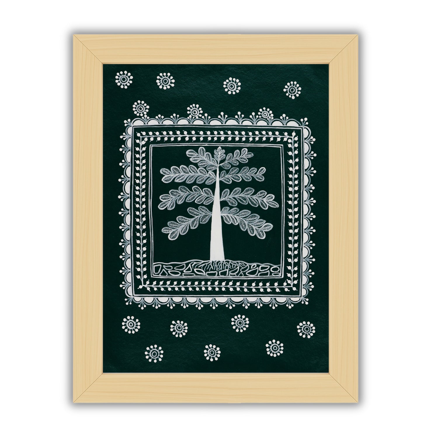 white tree of life design on a green background with handmade warli painting 