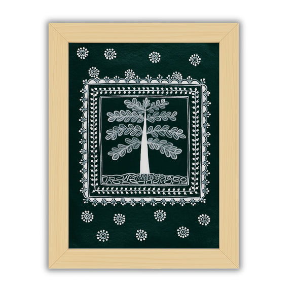 white tree of life design on a green background with handmade warli painting 