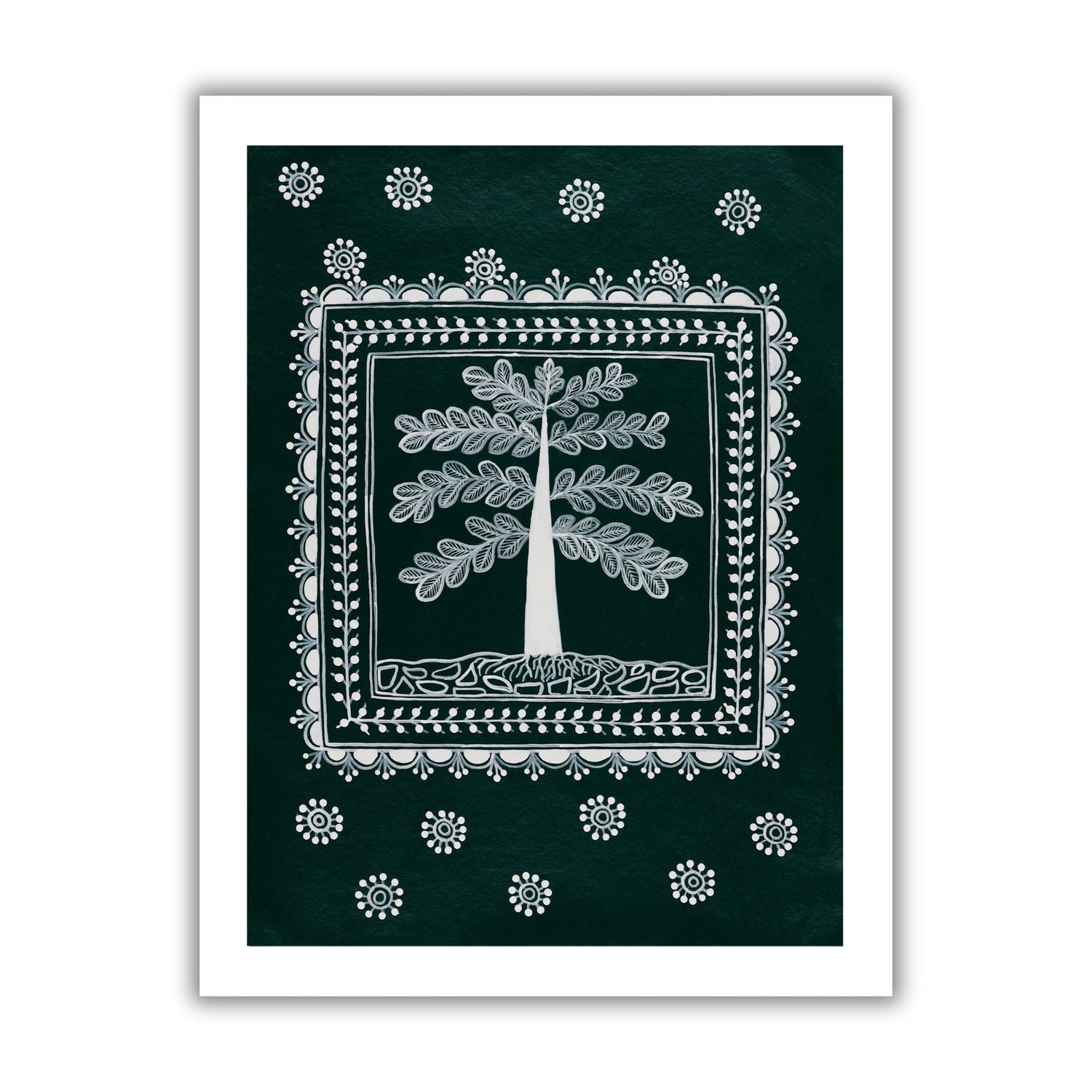 white tree of life design on a green background with handmade warli painting 