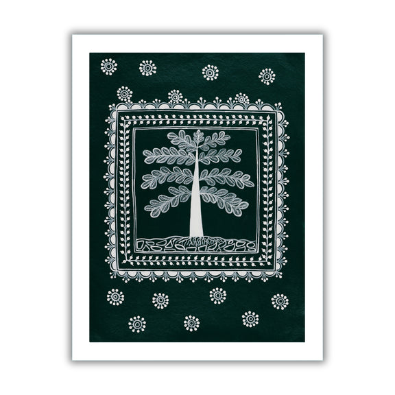 white tree of life design on a green background with handmade warli painting 