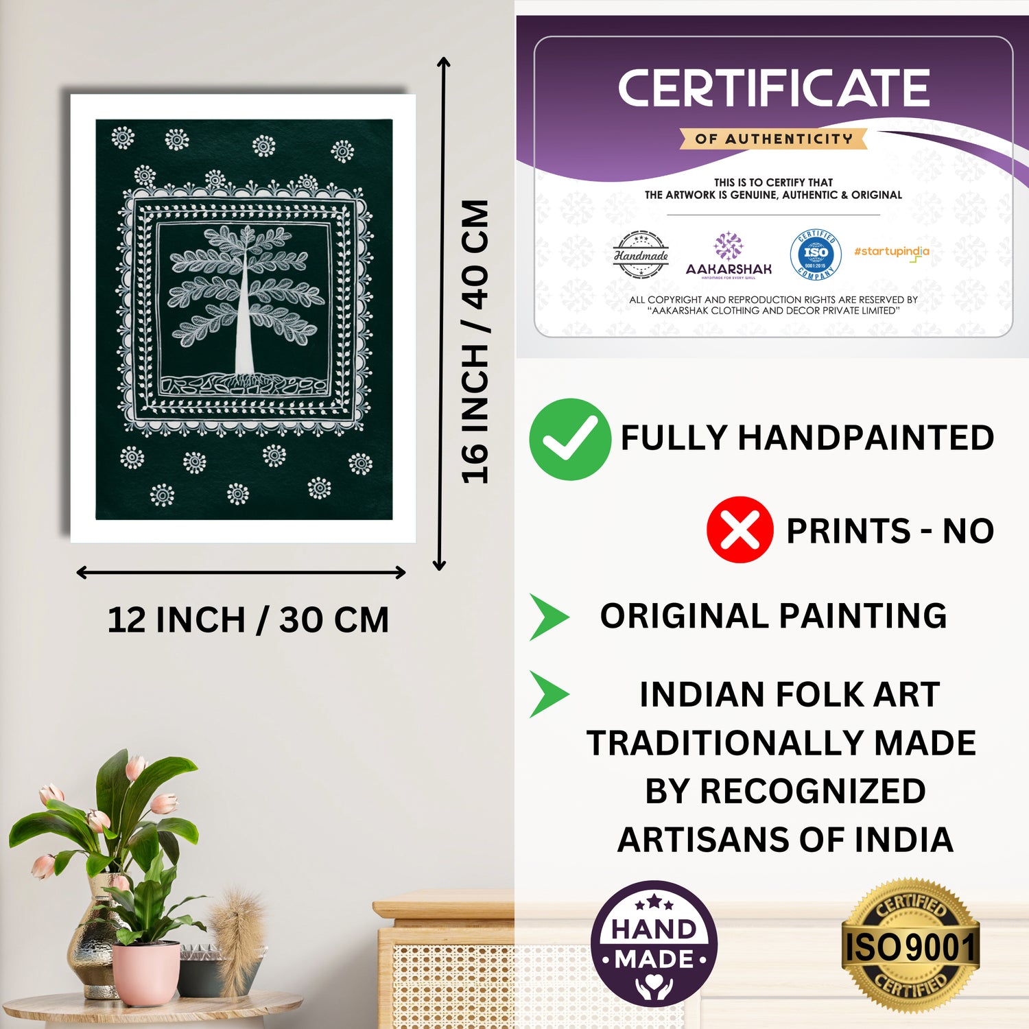 Framed artwork with dimensions, authenticity certificate and handmade iso certified-tree of life warli painting