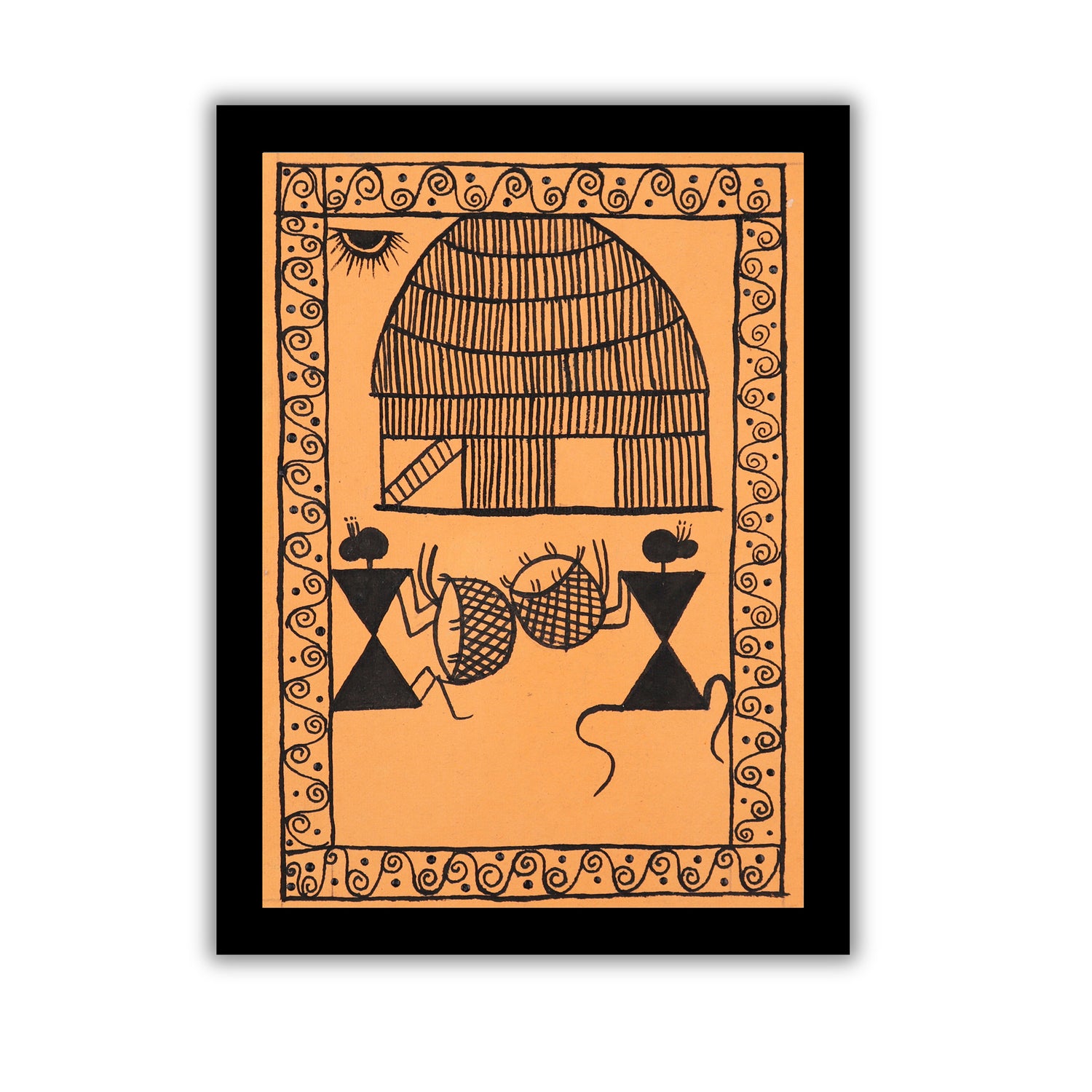 Decorative print with black village design on an orange background