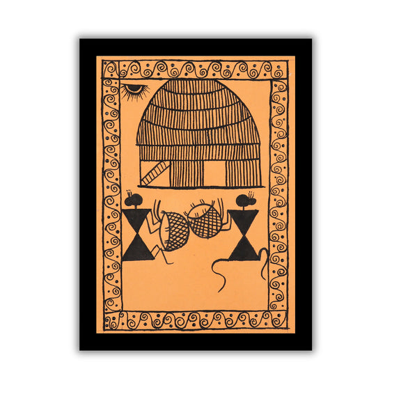 Decorative print with black village design on an orange background
