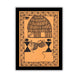Decorative print with black village design on an orange background