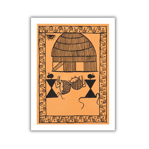 Artistic depiction of a village with people on an orange background