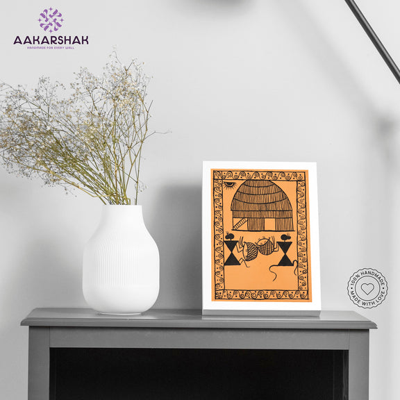 Handmade warli village painting-with tabletop stand for home decor
