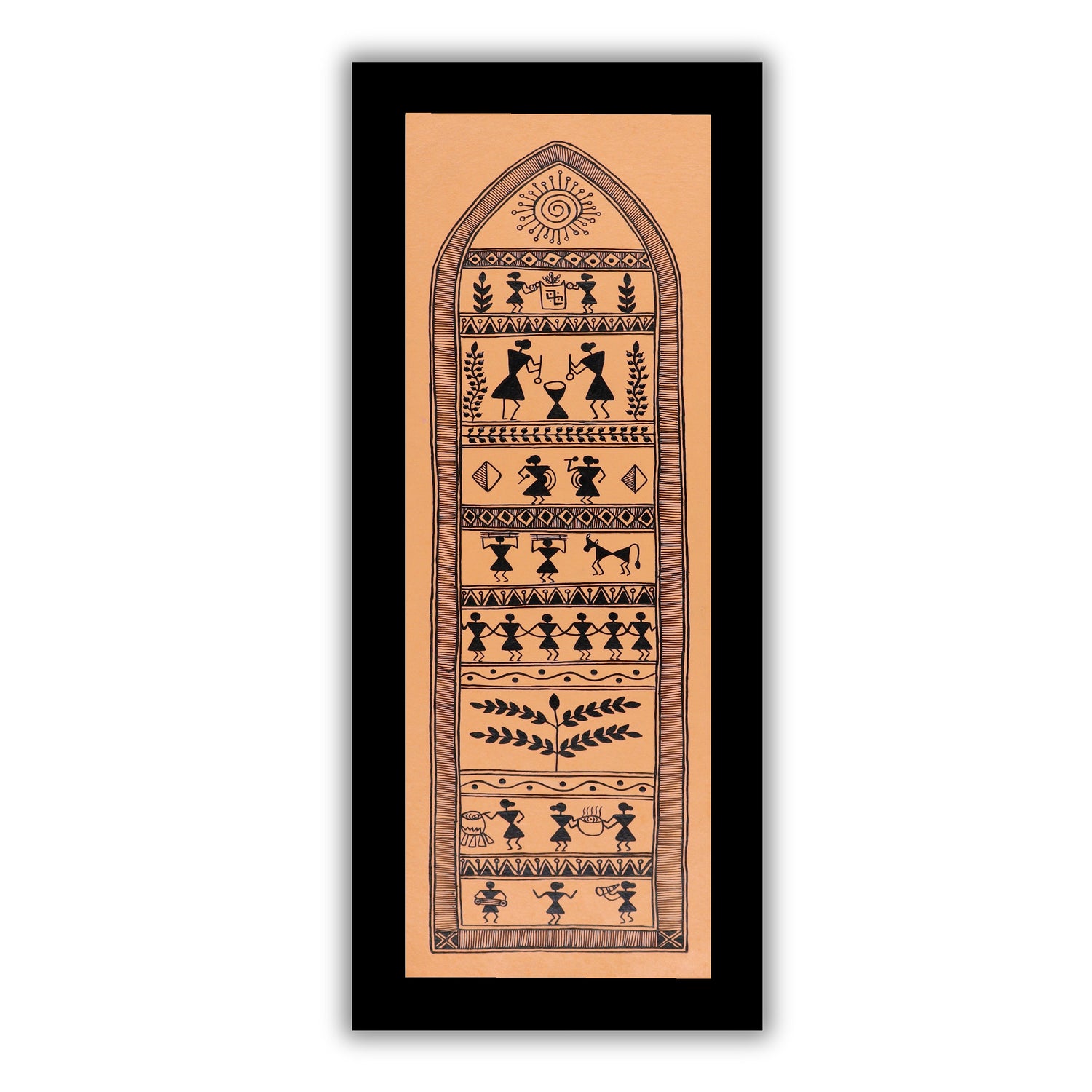 Framed artwork of a colorful village-with handmade warli painting 