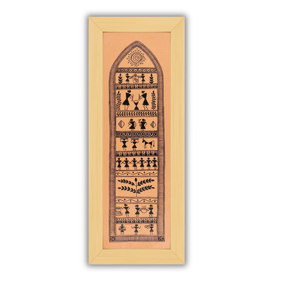 Framed artwork of a colorful village-with handmade warli painting 