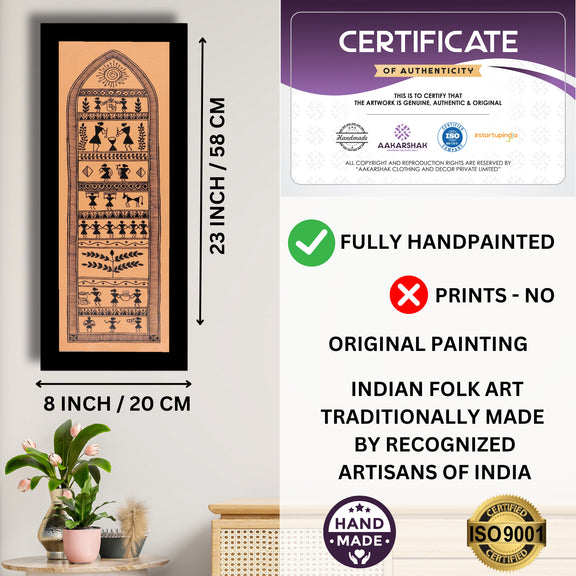 Framed artwork with dimensions, authenticity certificate and handmade iso certified-village warli painting