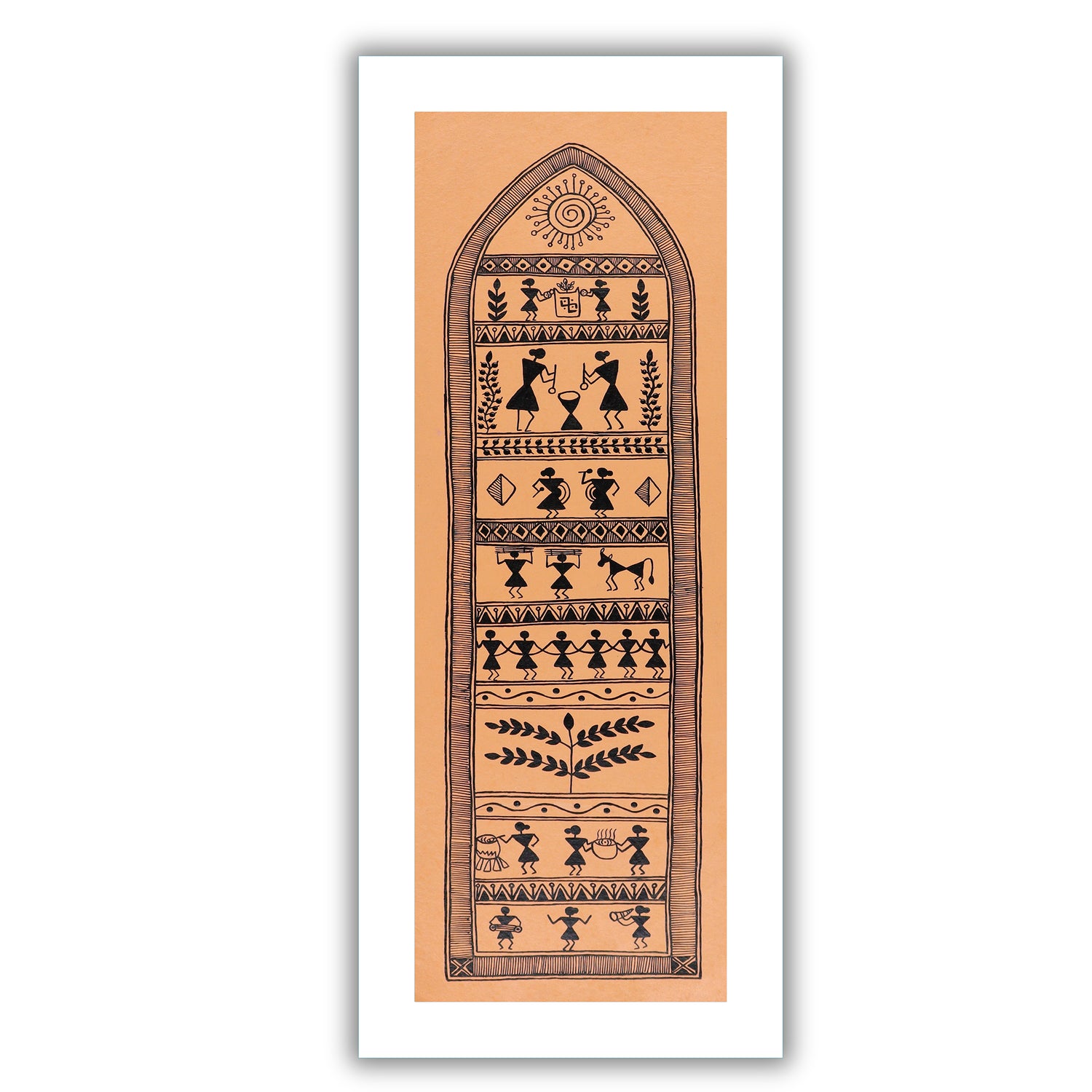 Framed artwork of a colorful village-with handmade warli painting 