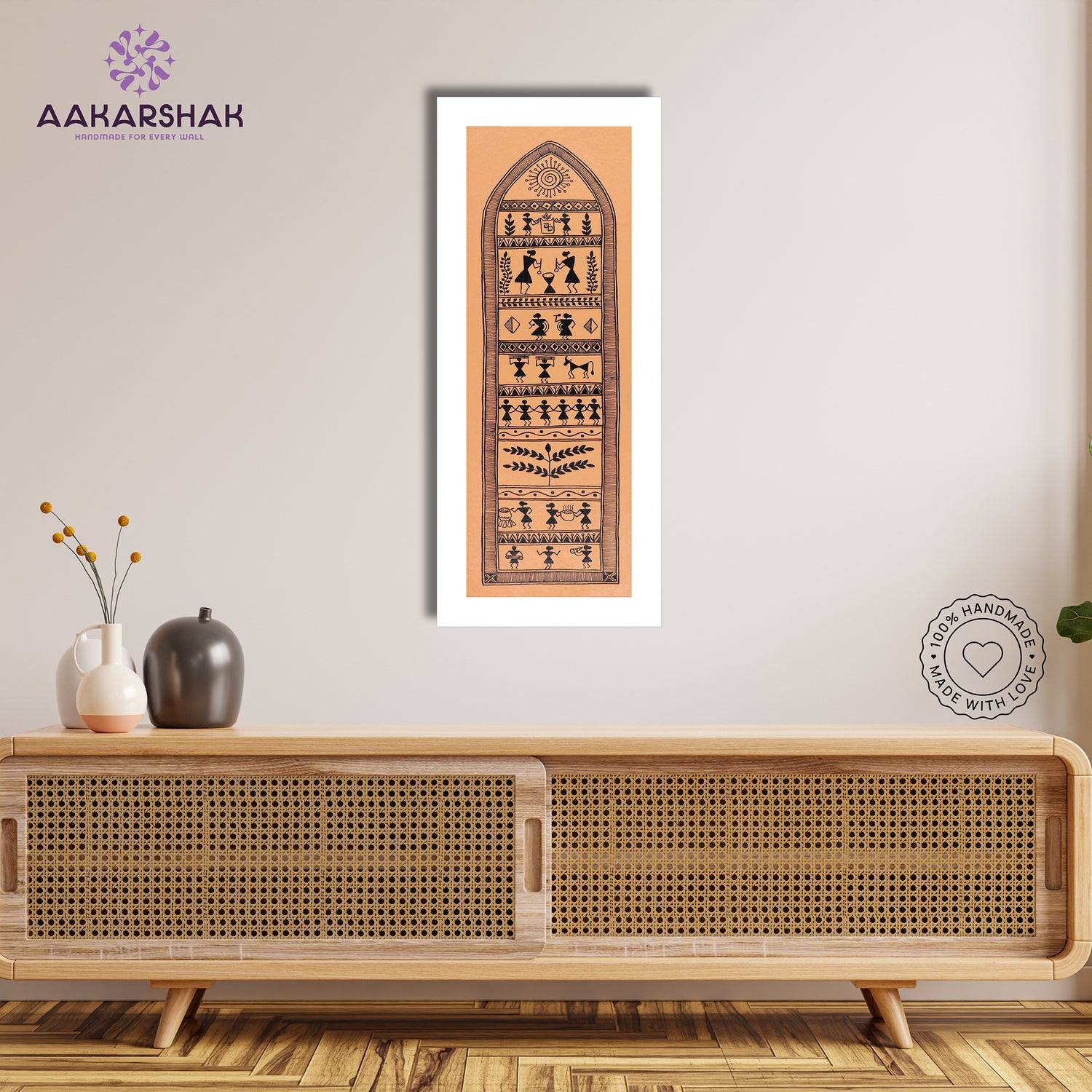 Framed artwork with village design -handmade dolly painting for home decor