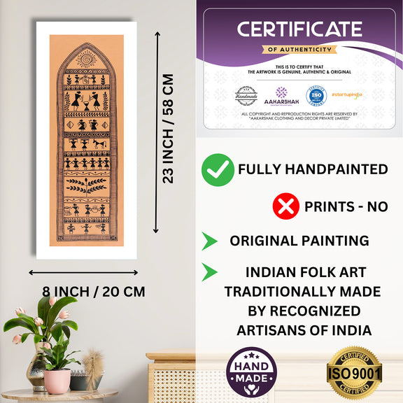 Framed artwork with dimensions, authenticity certificate and handmade iso certified-village warli painting