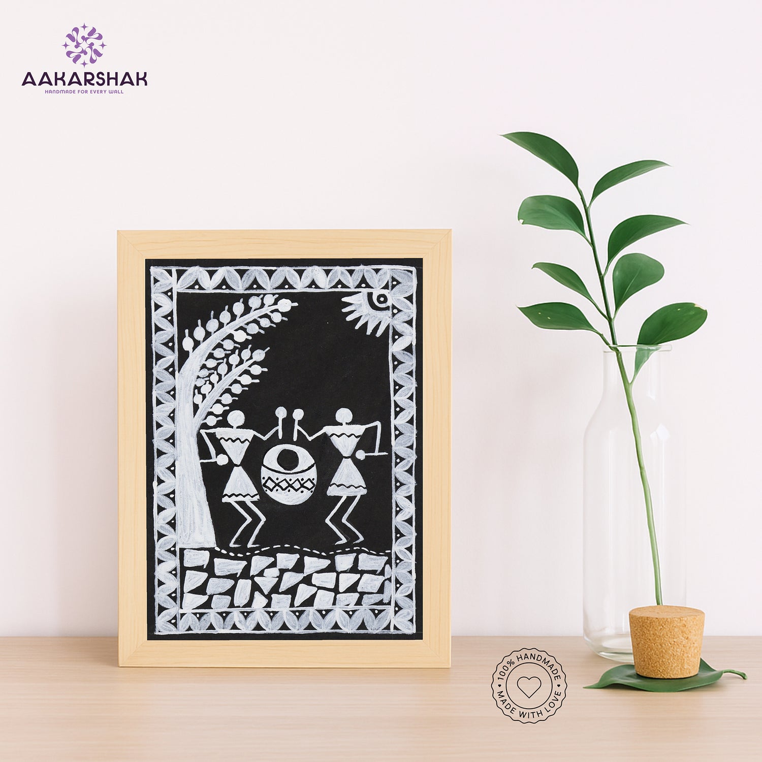 Handmade warli village painting-with tabletop stand for home decor