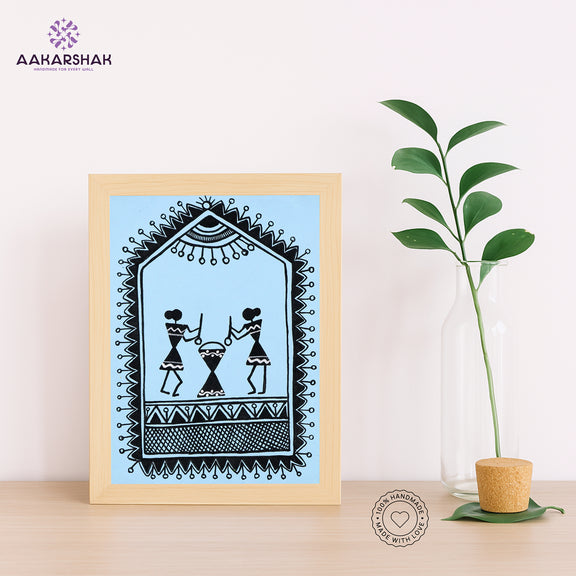 Handmade warli village painting-with tabletop stand for home 