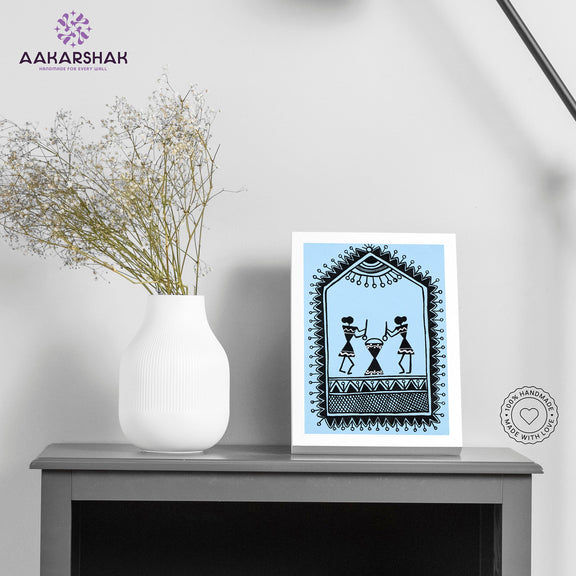 Handmade warli village painting-with tabletop stand for home 