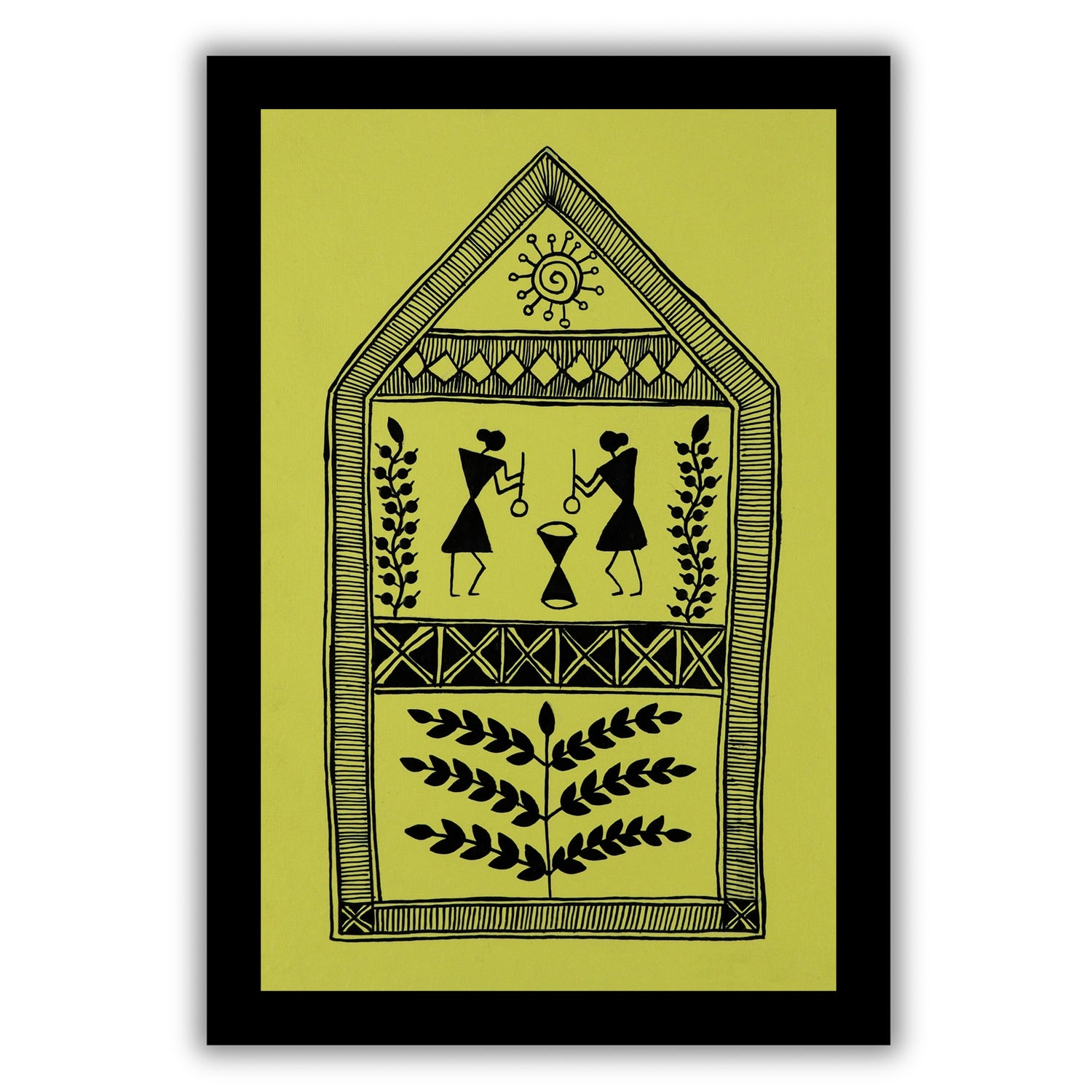 Decorative black handmade village art with warli design on a yellow background