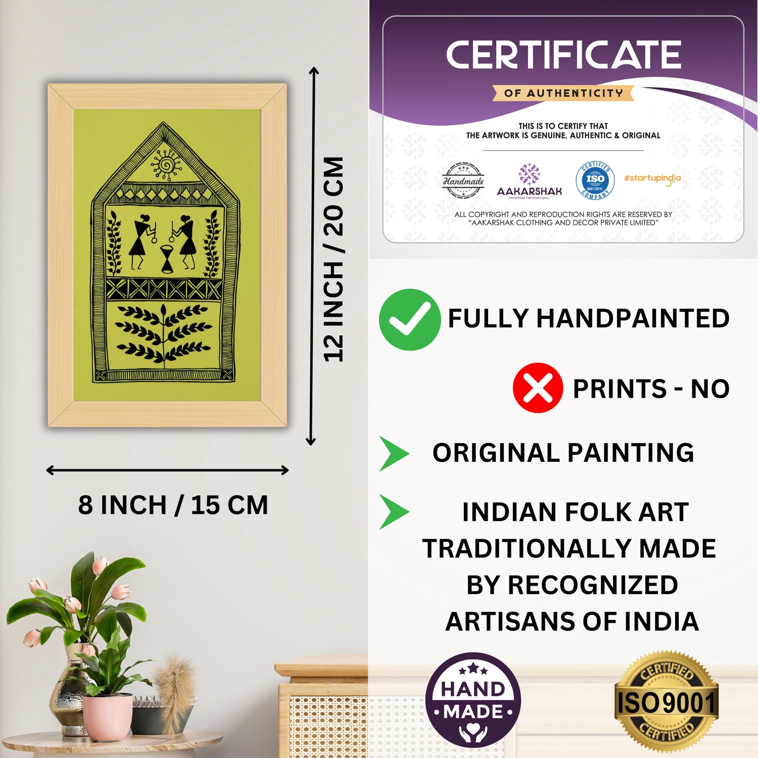 Framed artwork with dimensions, authenticity certificate-handmade iso certified-village warli painting