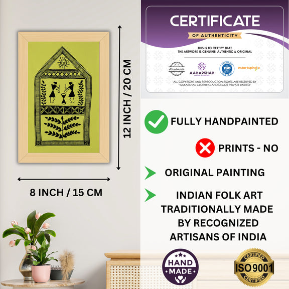 Framed artwork with dimensions, authenticity certificate-handmade iso certified-village warli painting