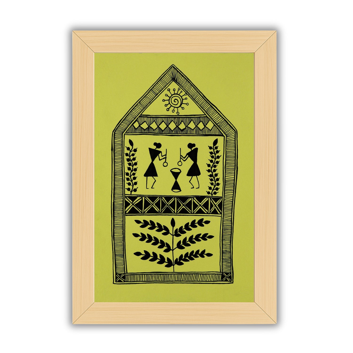 Decorative black handmade village art with warli design on a yellow background
