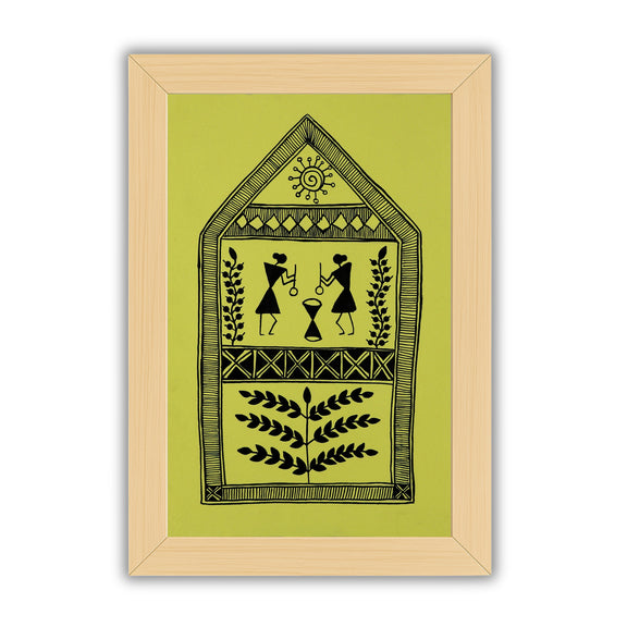 Decorative black handmade village art with warli design on a yellow background