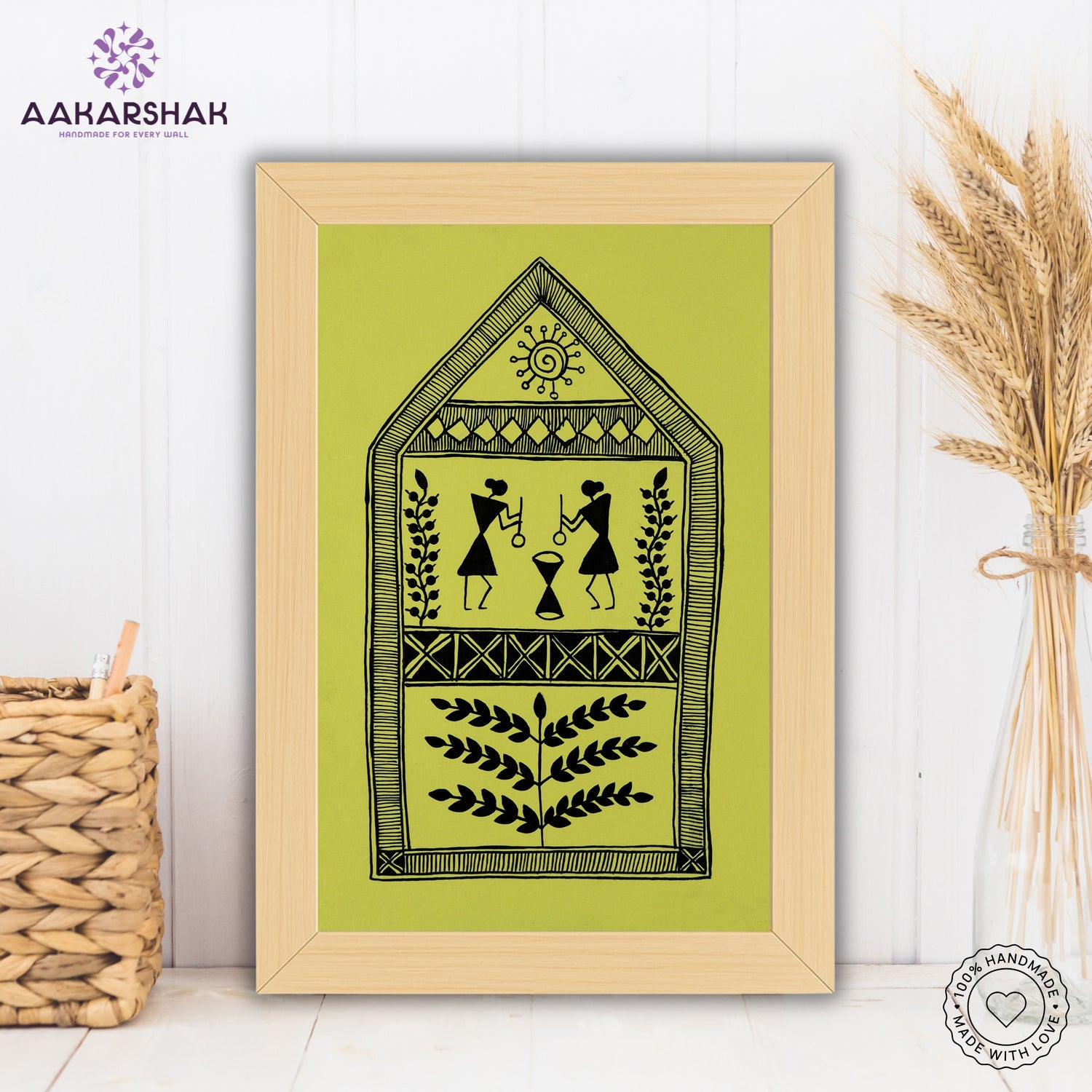 Framed artwork with village warli design on a yellow background- handmade with tabletop stand for home decor