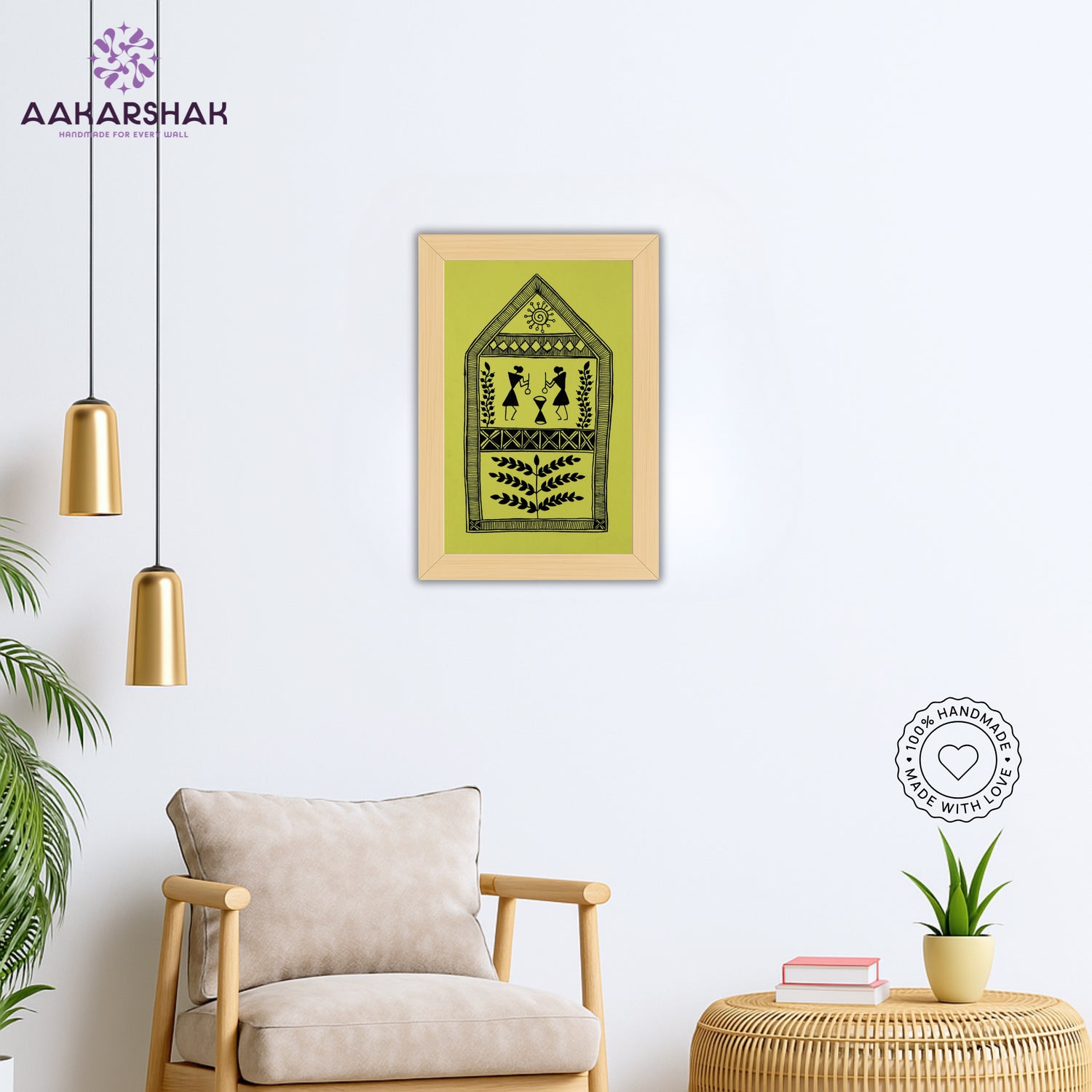 Framed artwork with a yellow background and black design-vibrant handmade village painting-depicting indian folk traditions