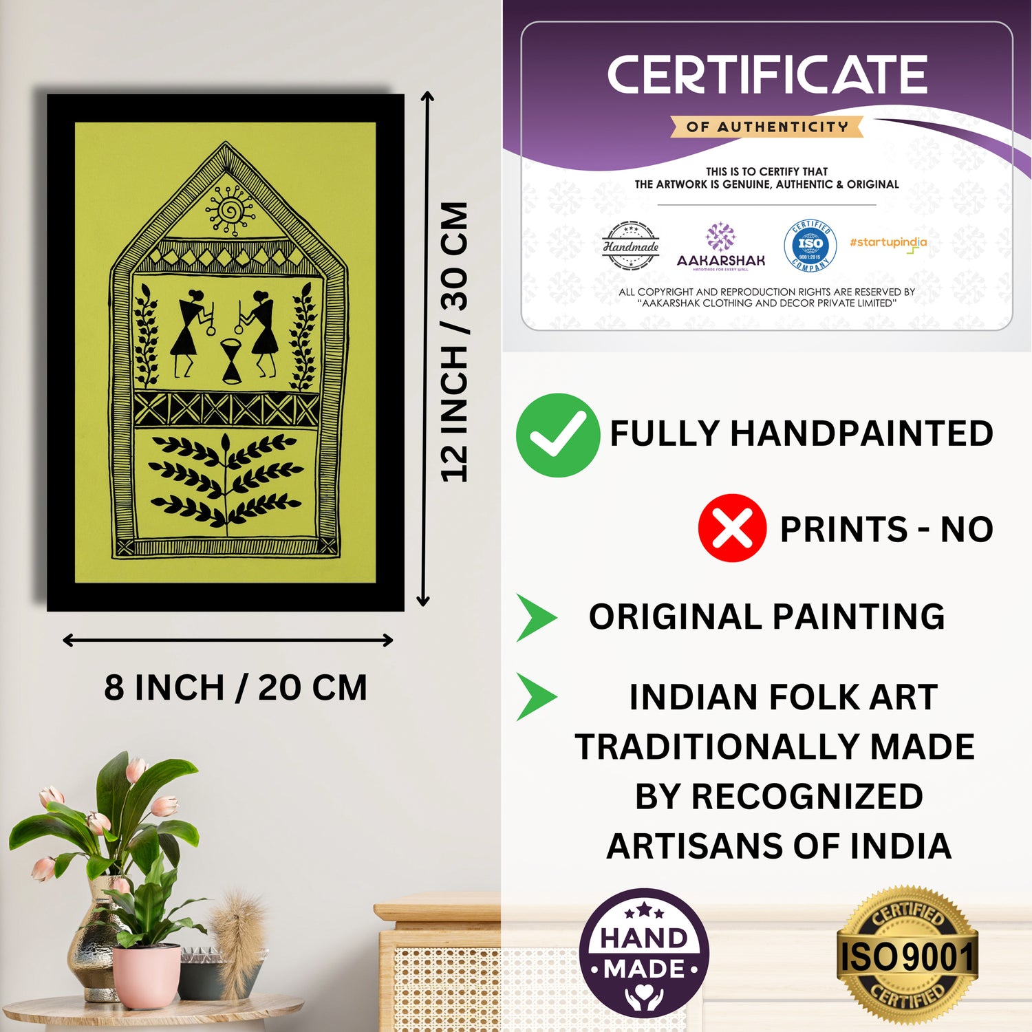 Framed artwork with dimensions, authenticity certificate-handmade iso certified-village warli painting
