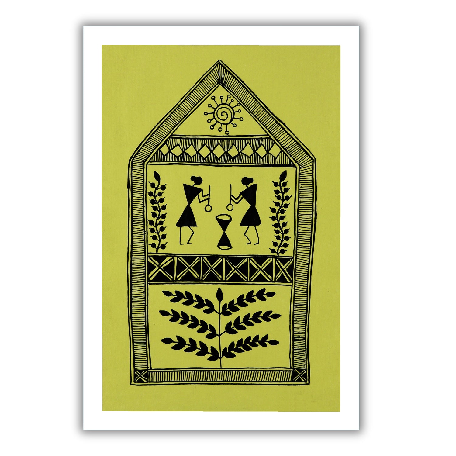 Decorative black handmade village art with warli design on a yellow background